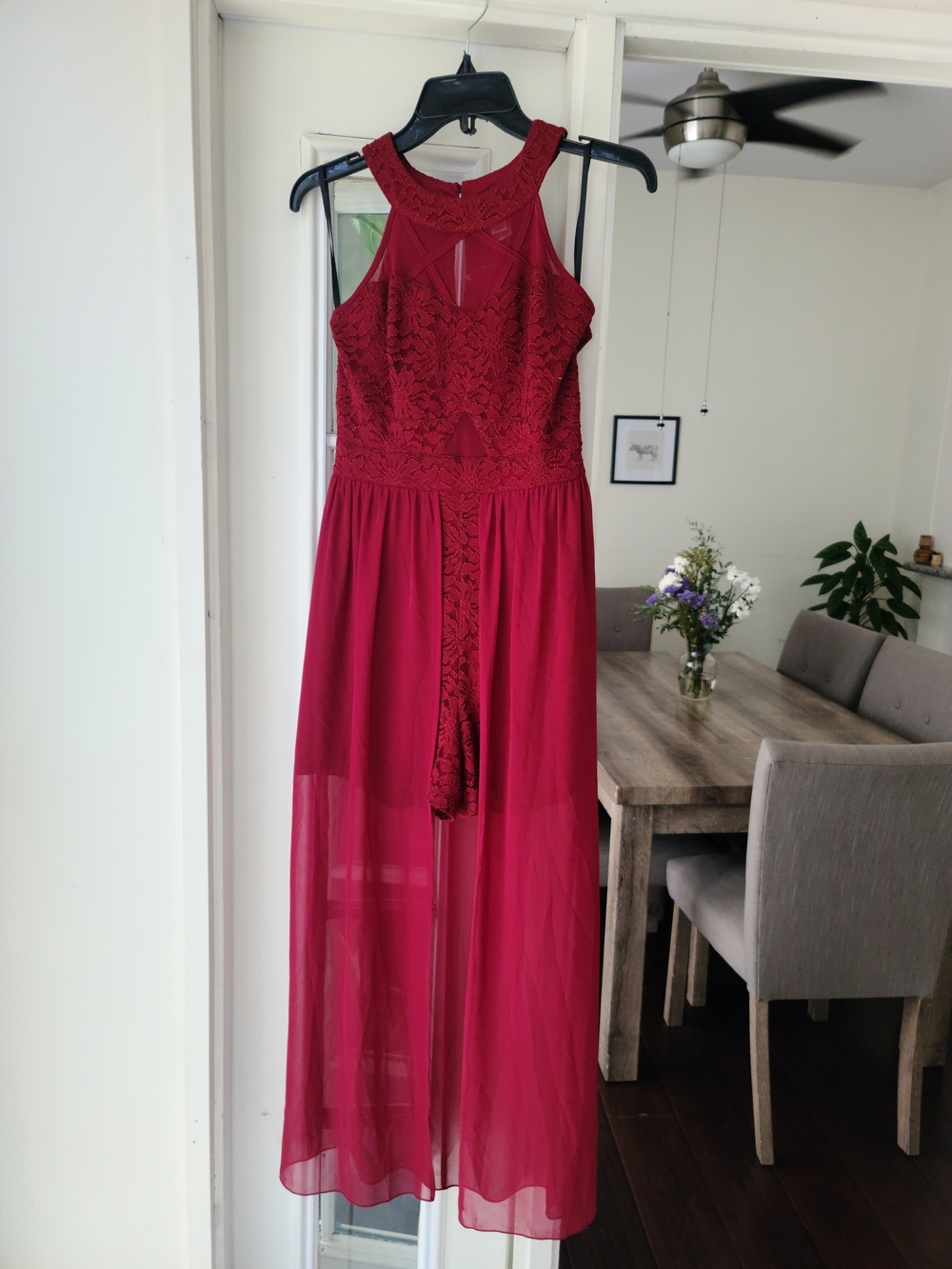 Sweet Storm Burgundy Lace Romper Jumpsuit with Sheer Overlay